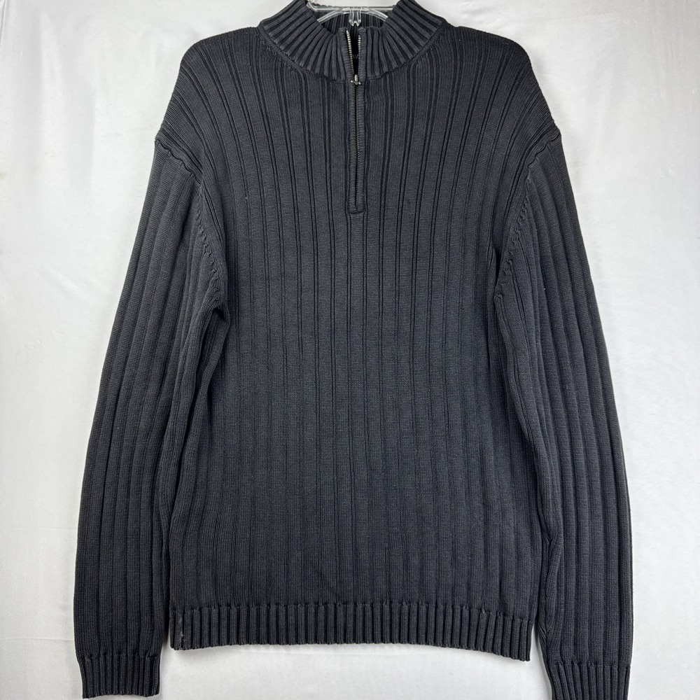 Hathaway Sweater Mens Medium Blac 1/4 Zip Mock Neck Ribbed Cotton Pullover Thick